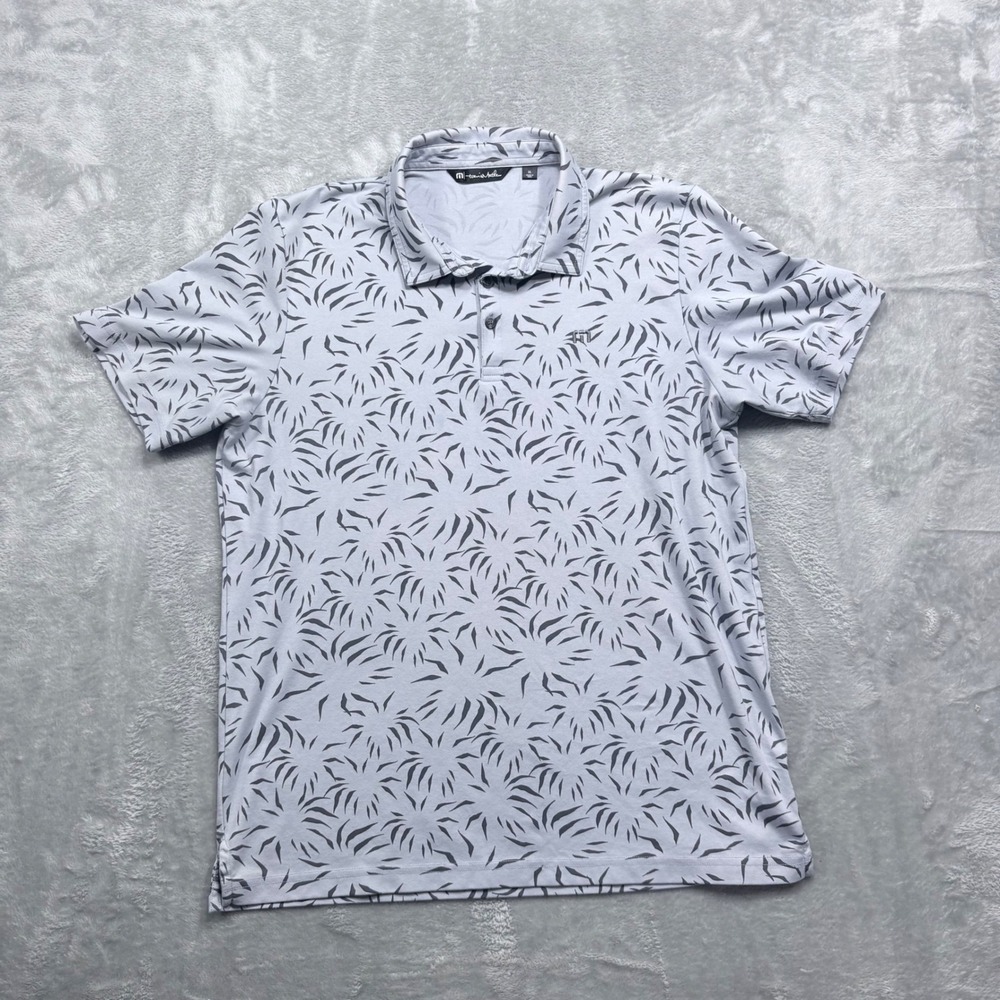 TravisMathew Polo Shirt Mens XL Grey Abstract Palm Leaf Print Pima Cotton Blend